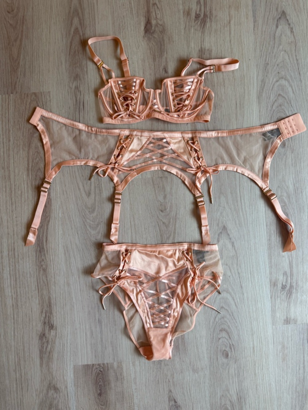 Honey Birdette Shannon 3 Piece Set - Peach Mesh Lace Detail Lingerie Set